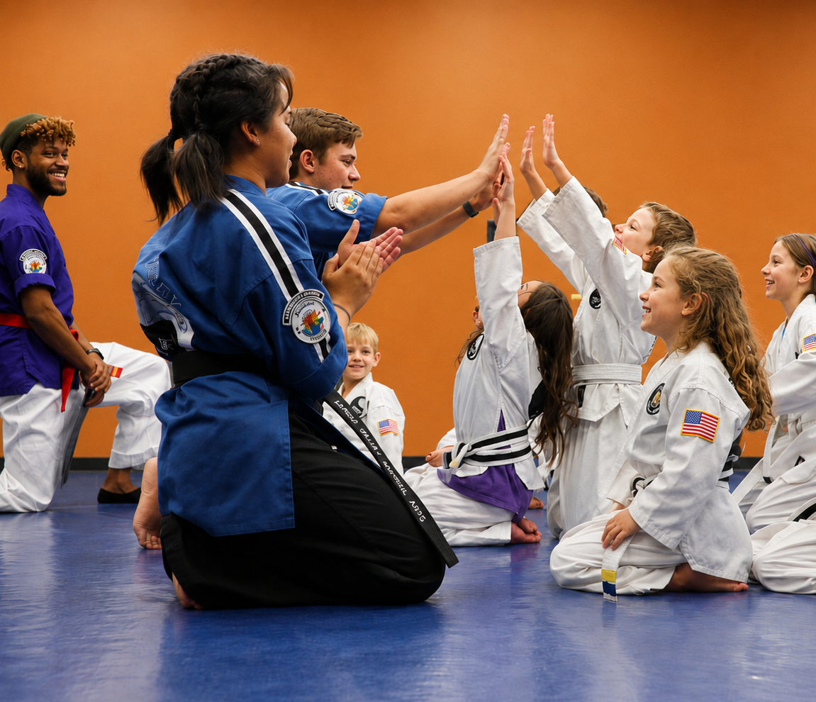 A diverse group of martial arts students kneeling together and high-fiving their instructors